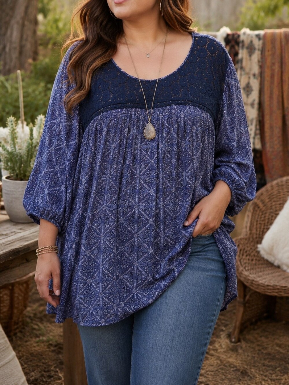 DC Jeans Plus Size Navy Geometric Peasant Tunic Top Lace Boho Long Sleeve Casual